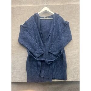 Tomfoolery Cardigan Sweater Womens Sweater Large Navy Blue Knit Tie Waist Hooded